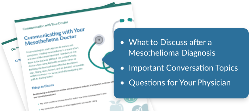 illustrated flyers with the headline Communicating with Your Mesothelioma Doctor; an overlaying text bubble contains bullet text: What do Discuss after a Mesothelioma Diagnosis; Important Conversation Topics; Questions for Your Physician