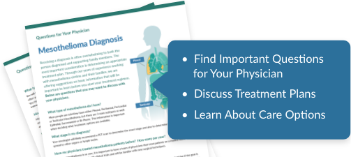 illustrated flyers with the headline Mesothelioma Diagnosis; an overlaying text bubble contains bullet text: Find Important Questions for Your Physician; Discuss Treatment Plans; Learn About Care Options